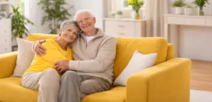 Alzheimer Austria Titelbild, mit KI generiert, eine ältere Frau und ein Mann sitzen auf einem gelben Sofa und lachen in die Kamera, sie halten sich im Arm.